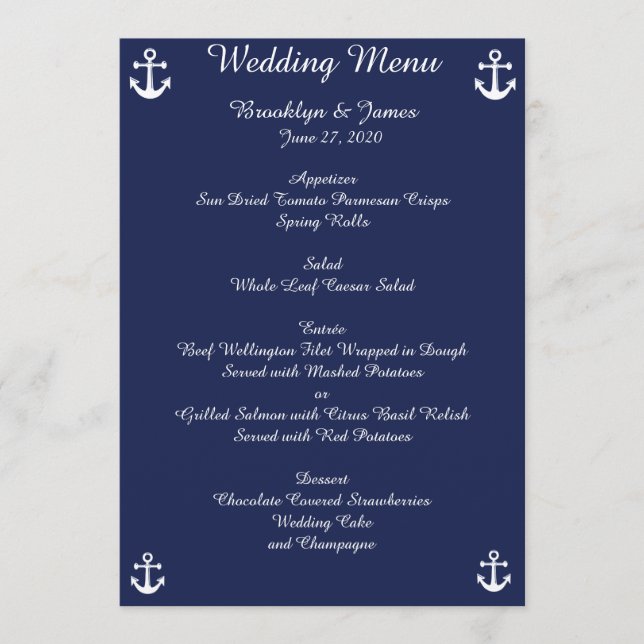 Navy Blue Nautical Wedding Menu Custom Invitations (Front)