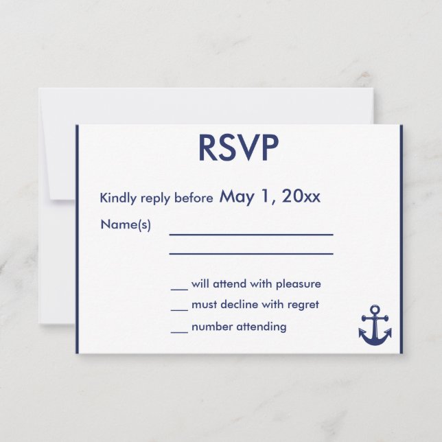 Navy Blue Nautical Wedding RSVP Cards Blue Anchor (Front)