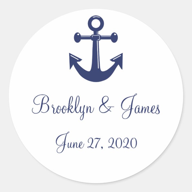 Navy Blue Nautical Wedding Stickers With Anchor (Front)