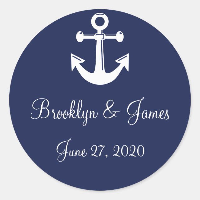 Navy Blue Nautical Wedding Stickers With Anchor (Front)