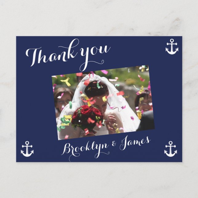 Navy Blue Nautical Wedding Thank You Postcards (Front)