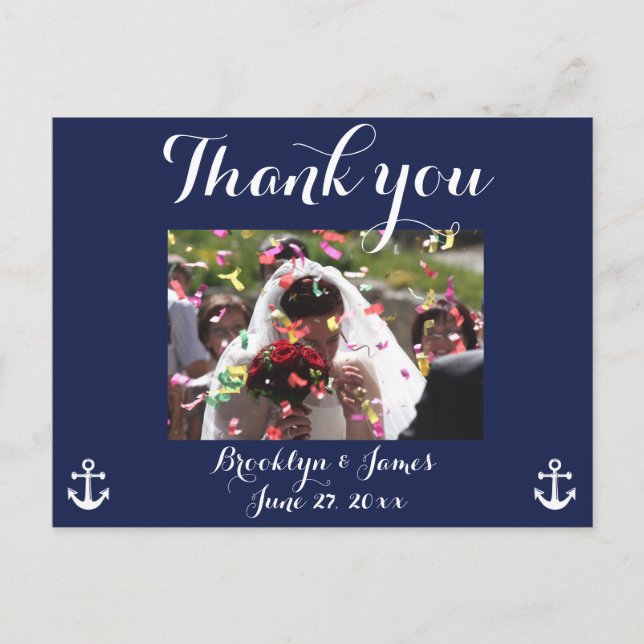 Navy Blue Nautical Wedding Thank You Postcards (Front)