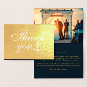 Navy Blue Nautical Wedding Thank You Real Gold Foil Card
