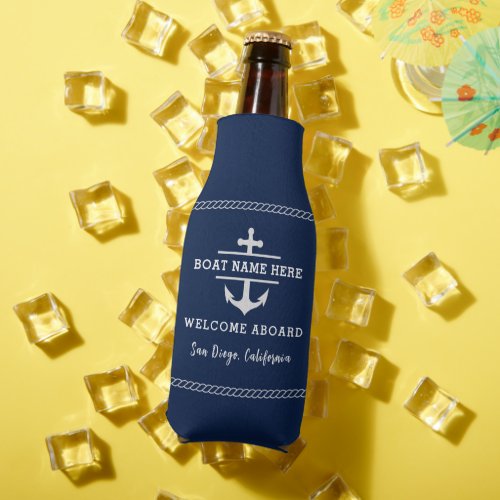 Navy Blue Nautical Welcome Aboard Boat Name Anchor Bottle Cooler