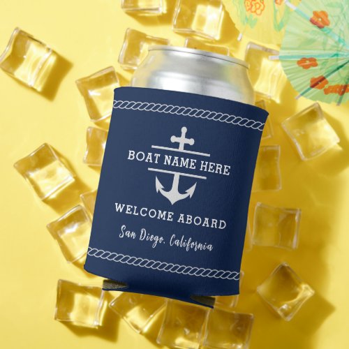 Navy Blue Nautical Welcome Aboard Boat Name Anchor Can Cooler