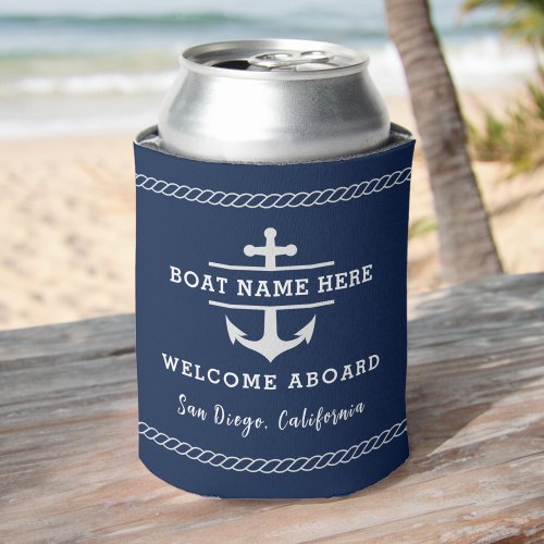 Navy Blue Nautical Welcome Aboard Boat Name Anchor Can Cooler