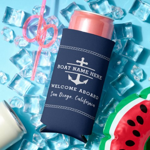 Navy Blue Nautical Welcome Aboard Boat Name Anchor Seltzer Can Cooler