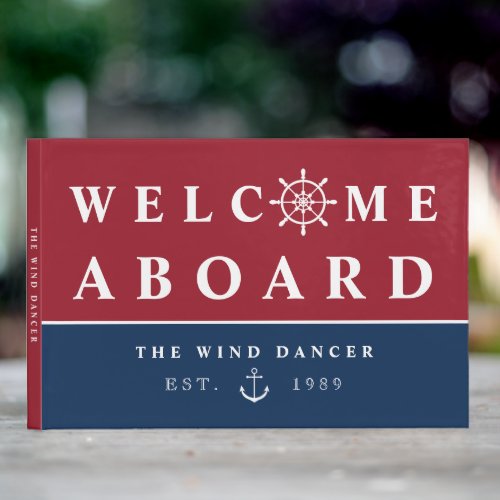 Navy Blue Nautical Welcome Aboard Boat Name Guest Book