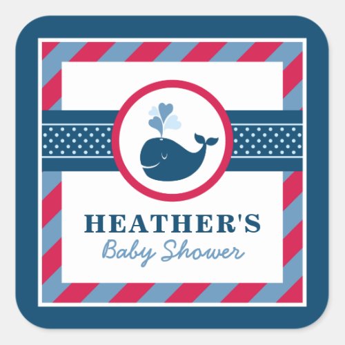 Navy Blue Nautical Whale Baby Boy Shower Red Square Sticker