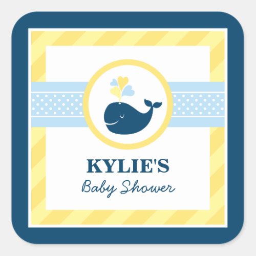 Navy Blue Nautical Whale Baby Boy Shower Yellow Square Sticker