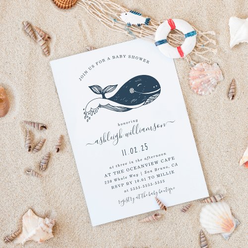 Navy Blue Nautical Whale Baby Shower Invitation