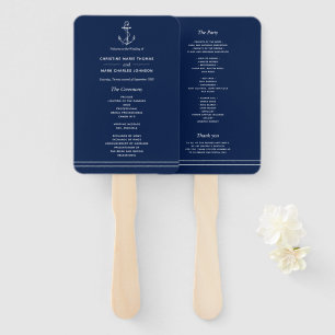 Navy Blue Nautical White Anchor Sea Side Wedding Hand Fan
