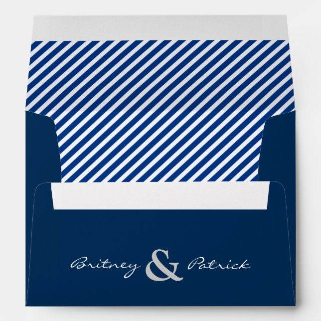 Navy Blue Nautical White Striped Wedding Envelopes (Back (Bottom))