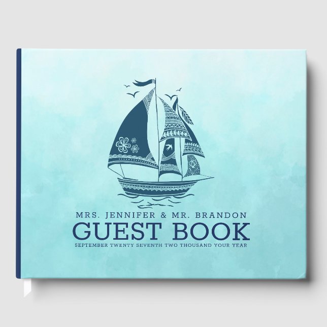Navy-blue nautical wind sailing boat 2 guest book (Front)