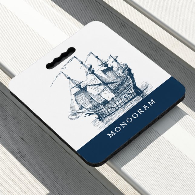 Navy blue nautical wind sailing boat illustration seat cushion (In Situ)