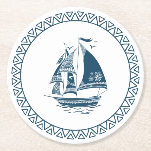 Navy_blue nautical wind sailing boat round paper coaster