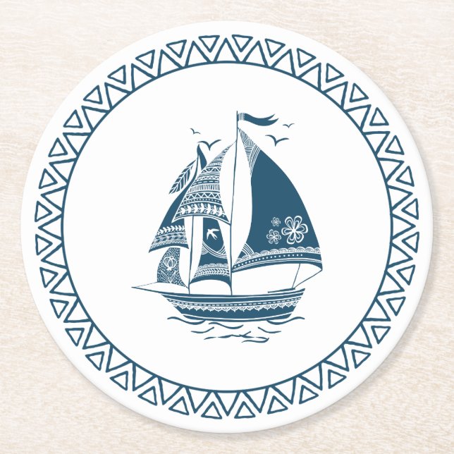 Navy-blue nautical wind sailing boat round paper coaster (Front)