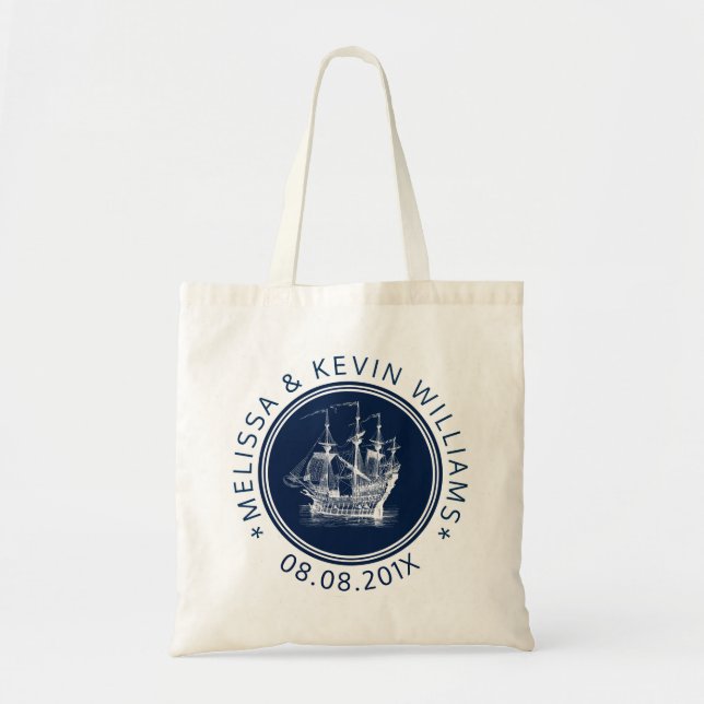 Navy Blue Nautical Wind Sailing Boat Tote Bag (Front)