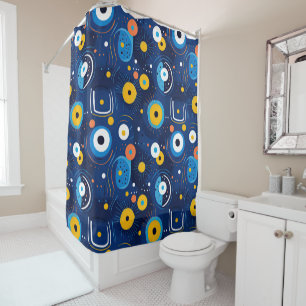 Navy Blue Nazar BOHO Evil Eye Pattern Shower Curtain