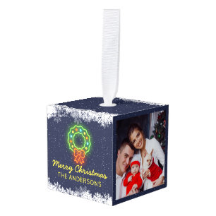 Navy Blue Neon Snowflake Christmas Holiday 2 Photo Cube Ornament