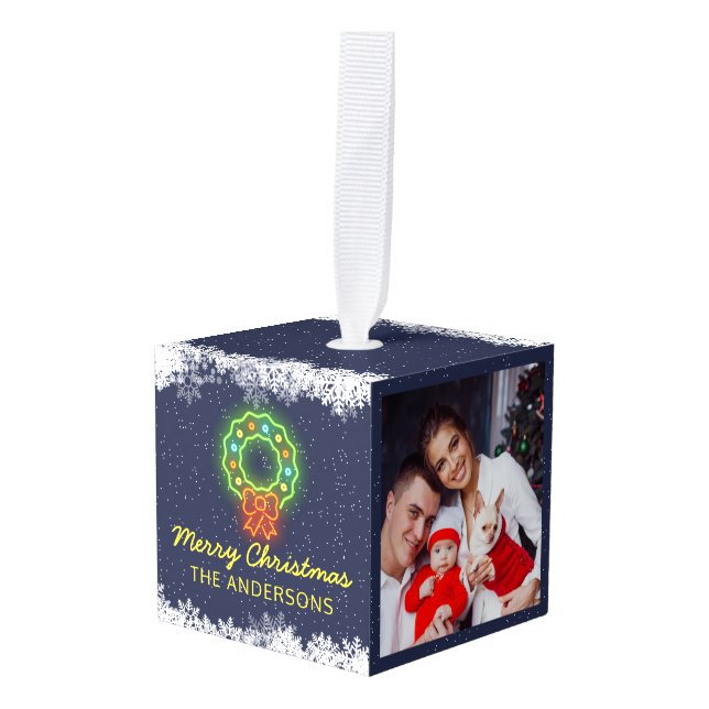 Navy Blue Neon Snowflake Christmas Holiday 2 Photo Cube Ornament (Front Angled)
