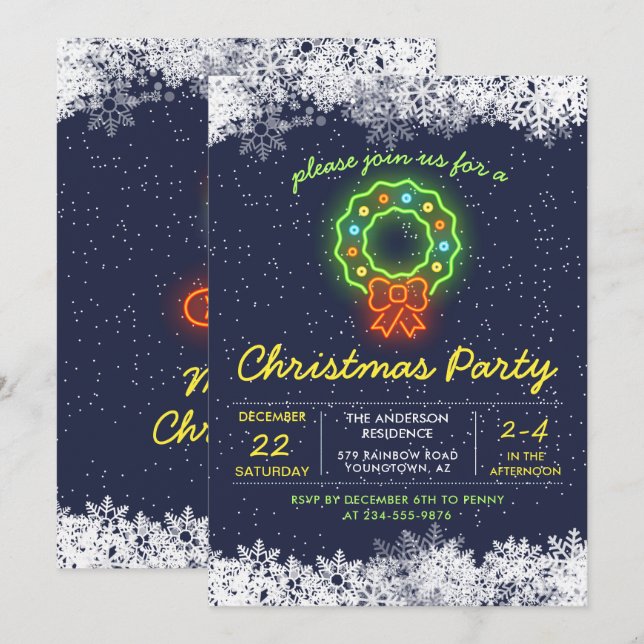 Navy Blue Neon Snowflake Christmas Holiday Party Invitation (Front/Back)