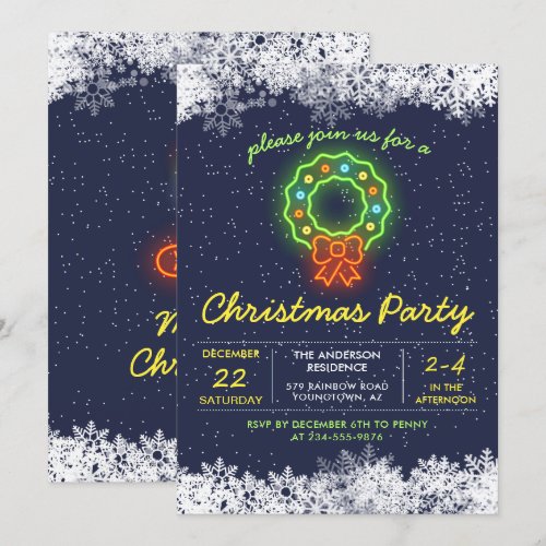 Navy Blue Neon Snowflake Christmas Holiday Party Invitation
