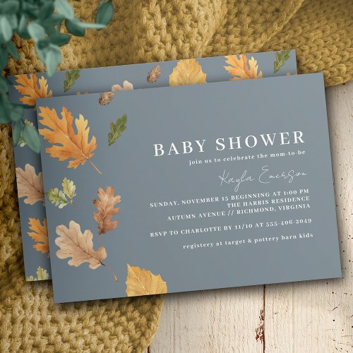 Navy Blue Neutral Fall Leaf Horizontal Baby Shower Invitation