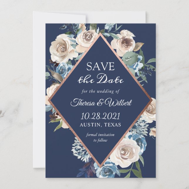 Navy Blue Neutral Rustic Floral Rose Gold Wedding Save The Date (Front)