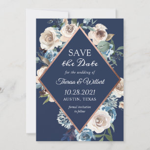 Navy Blue Neutral Rustic Floral Rose Gold Wedding Save The Date