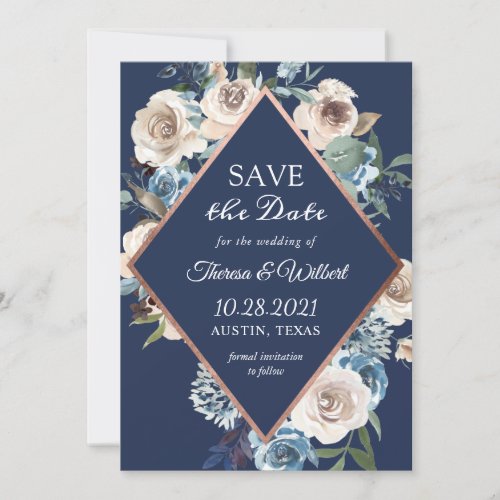 Navy Blue Neutral Rustic Floral Rose Gold Wedding Save The Date
