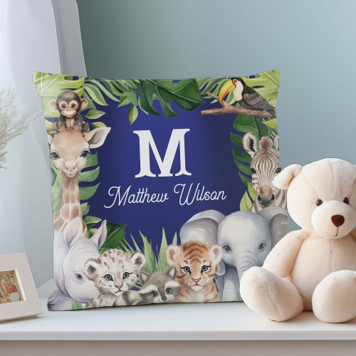 Navy Blue new baby boy cute jungle name nursery Throw Pillow