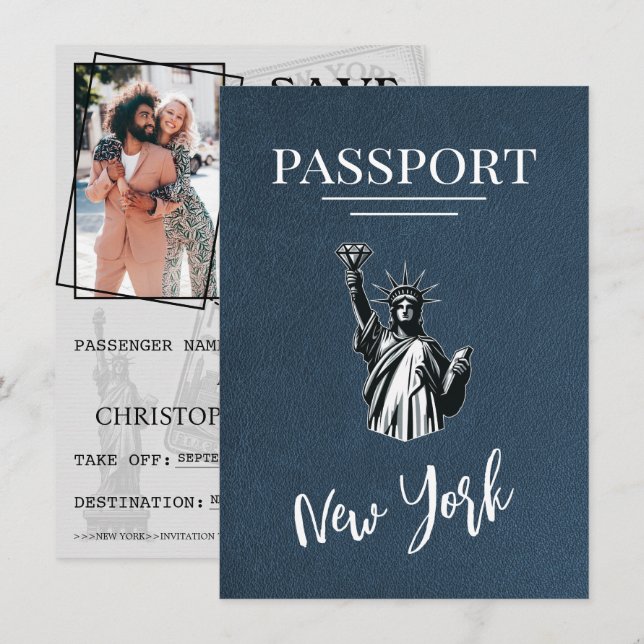 Navy Blue New York City Passport Save The Date (Front/Back)