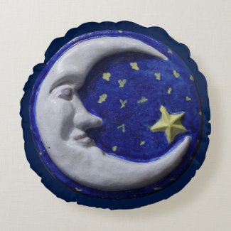 Navy Blue Night Sky Crescent Moon Round Pillow