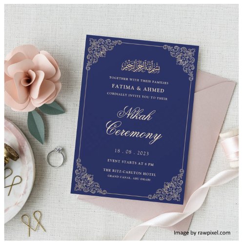 Navy Blue Nikkah Islamic Muslim Wedding Invitation