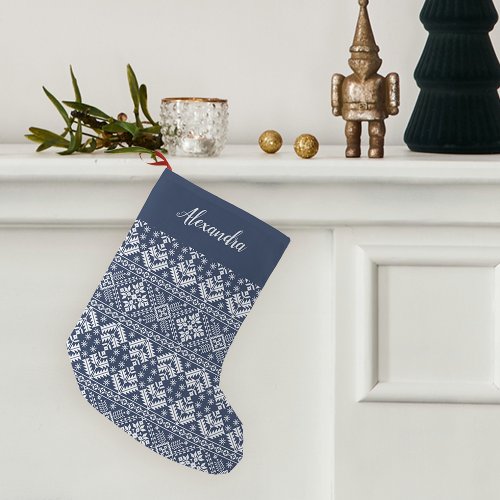 Navy Blue Nordic Sweater Pattern Personalized Small Christmas Stocking