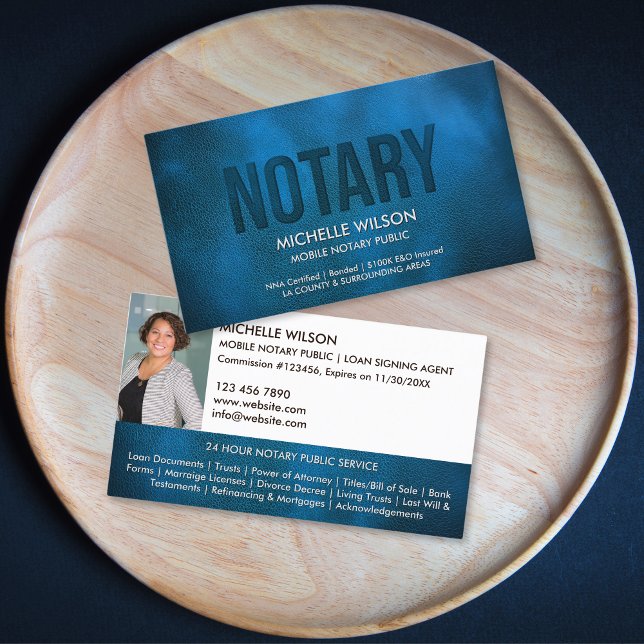  Navy Blue Notary Public Loan Signing Agent Photo Business Card (navy blue  leather with embossed "notary" text business card)