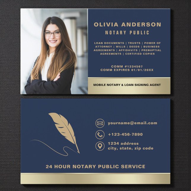 Navy Blue Notary Signing Agent Photo Business Card (Creator Uploaded)