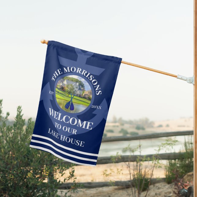 Navy Blue Oars Anchor Photo Lake House Flag (Insitu (Back))