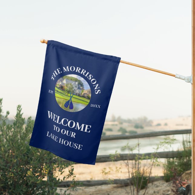 Navy Blue Oars Photo Family House Flag (Insitu (Back))