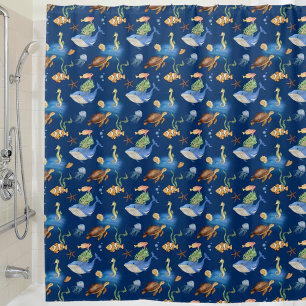 Navy blue ocean animals whales turtles shower curtain
