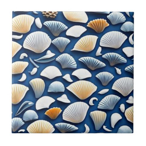 Navy blue ocean shells ceramic tile