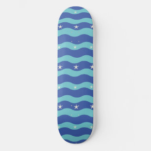 Navy Blue Ocean Waves & Starfish Seamless Pattern Skateboard