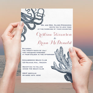 Navy Blue Octopus Coral Nautical Beach Wedding Invitation