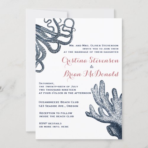 Navy Blue Octopus Coral Nautical Beach Wedding Invitation