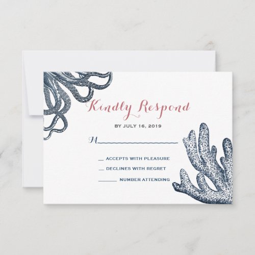 Navy Blue Octopus Coral Nautical Beach Wedding RSVP Card