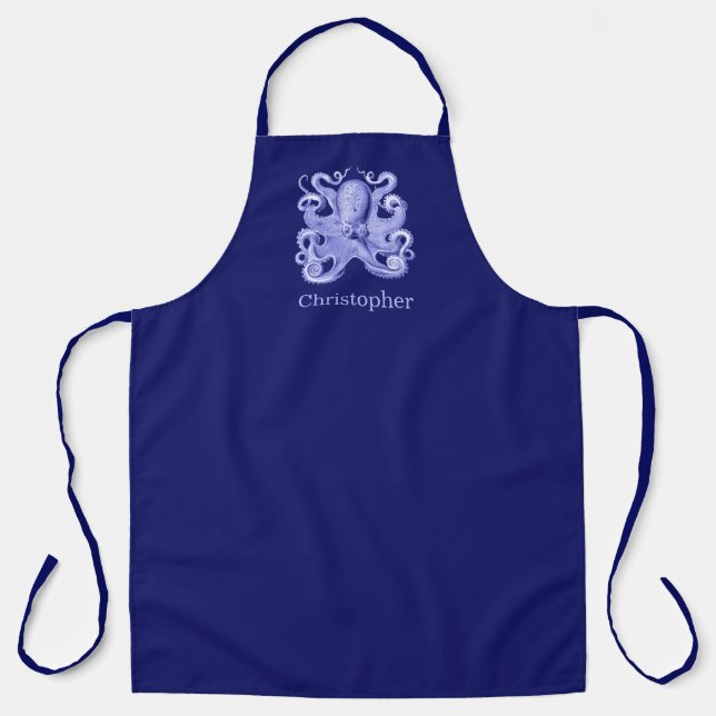 Navy Blue Octopus Custom Name Nautical Coastal Sea Apron (Front)
