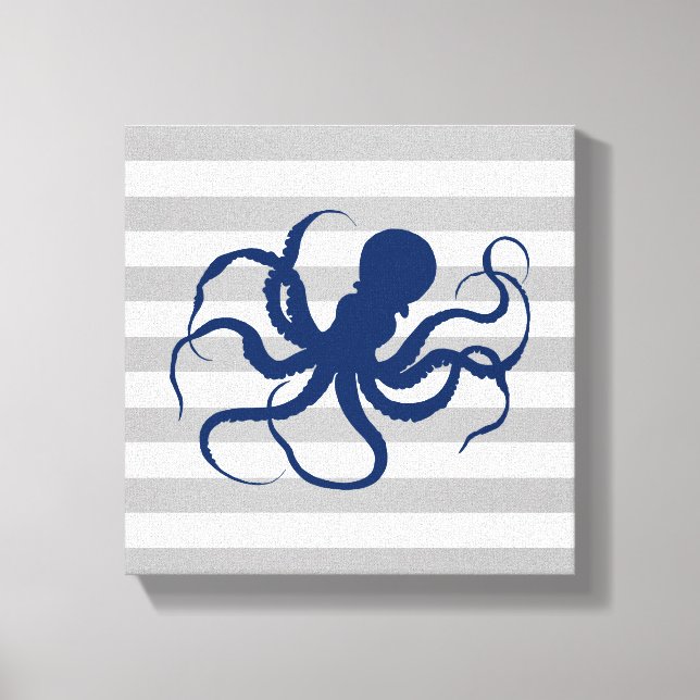 Navy Blue Octopus Gray and White Stripes Canvas Print (Front)