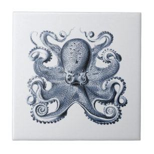 Navy Blue Octopus illustration by Ernst Haeckel Ceramic Tile