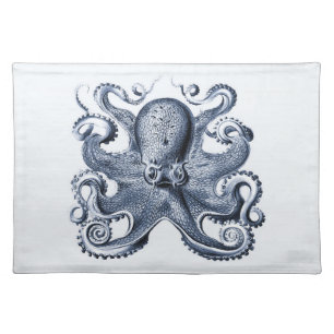 Navy Blue Octopus illustration by Ernst Haeckel Cloth Placemat